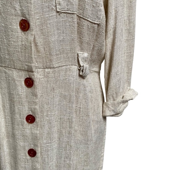 Peri Petites Flax Blend Button Front Midi Dress Beige Linen Look Made in USA M - Picture 3 of 15